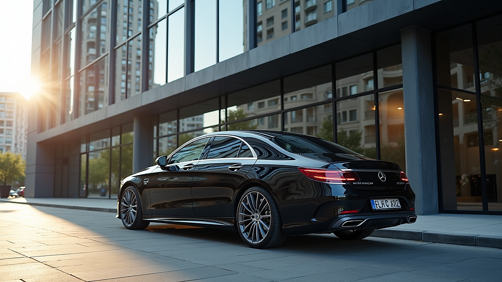 high angle view of a luxury sedan parked in front of a modern building