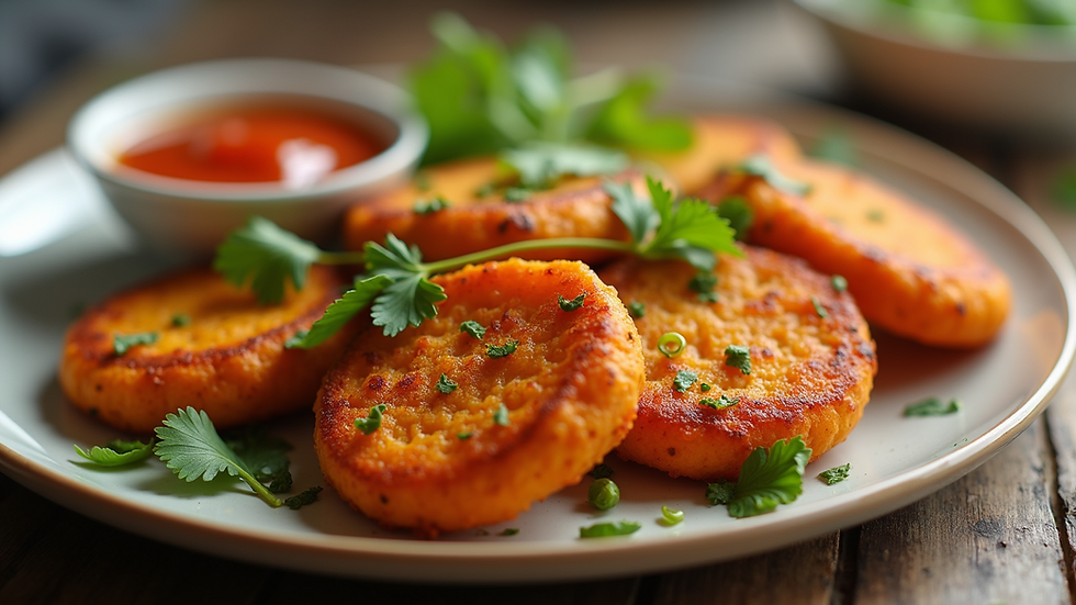 High angle view of a colorful meal featuring sweet potato fritters