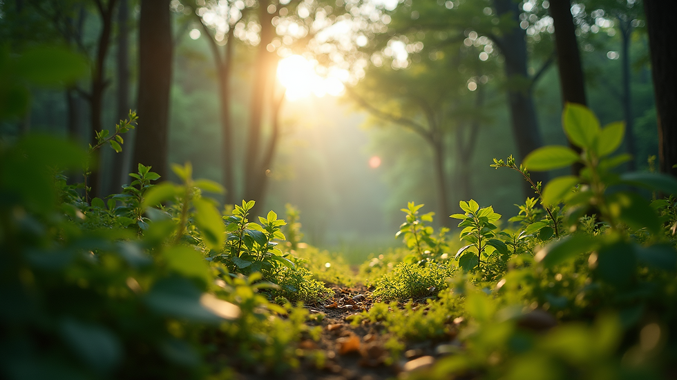 Eye-level view of a lush forest with sun rays filtering through leaves