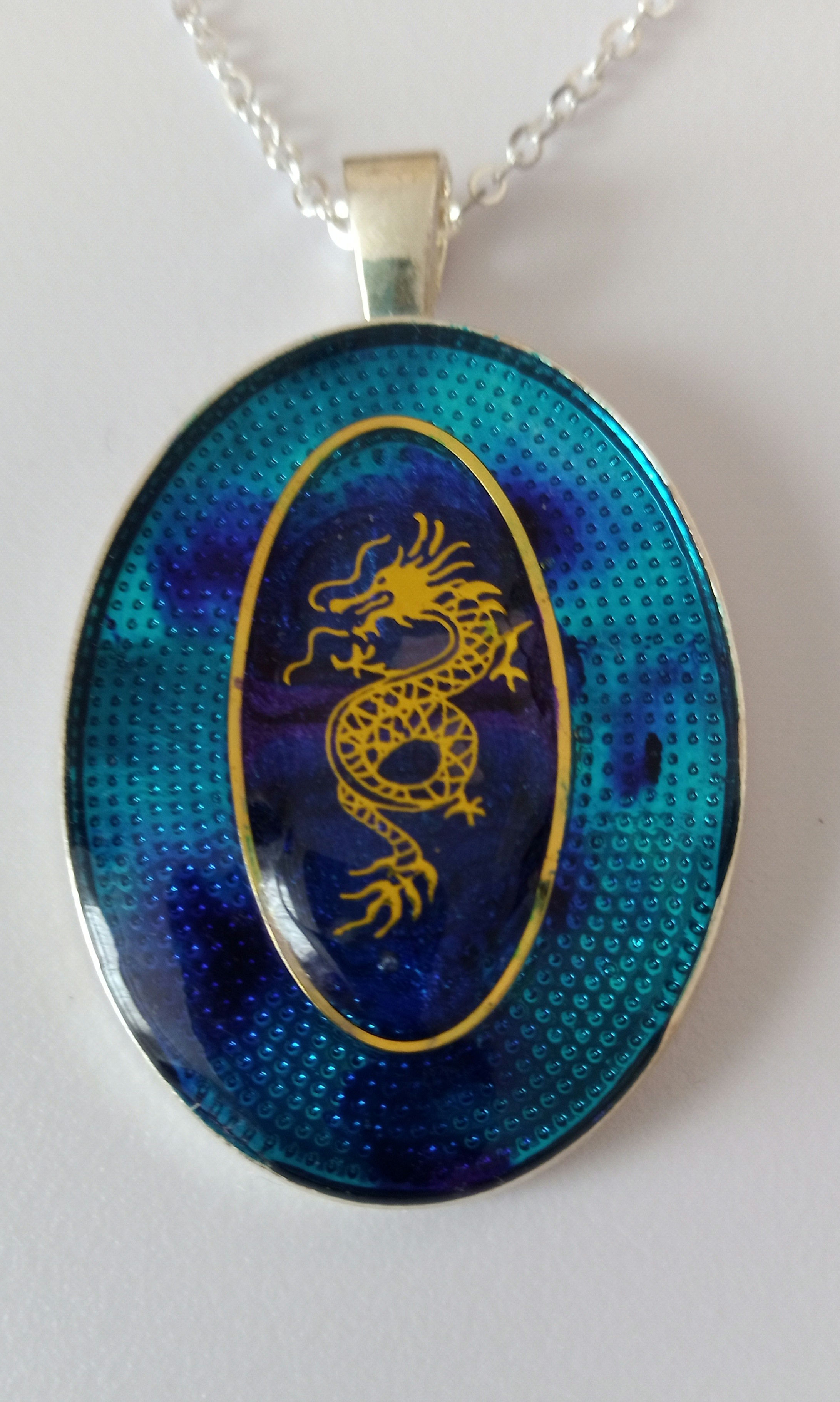 Blue Dragon Oval Pendant Necklace