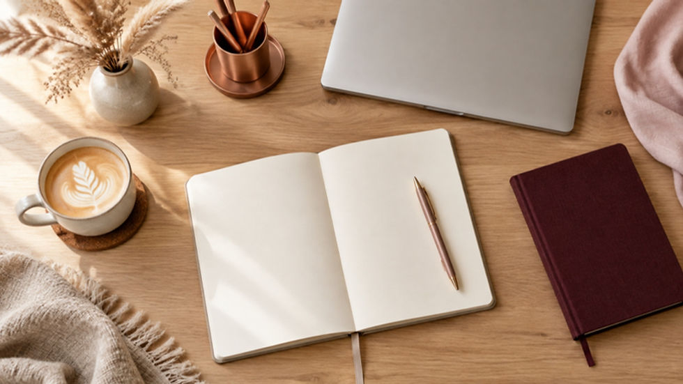 Aufgeräumter Homeoffice-Schreibtisch mit leerem Notizbuch, Kaffee und Laptop als Bild für den Start in die eigene Positionierung