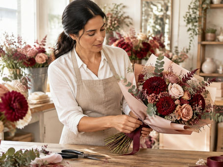 Floristin bindet konzentriert einen einzelnen Blumenstrauß als Bild für eins nach dem anderen