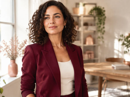 Selbstbewusste Unternehmerin im Bordeaux-Blazer in ihrem hellen Atelier