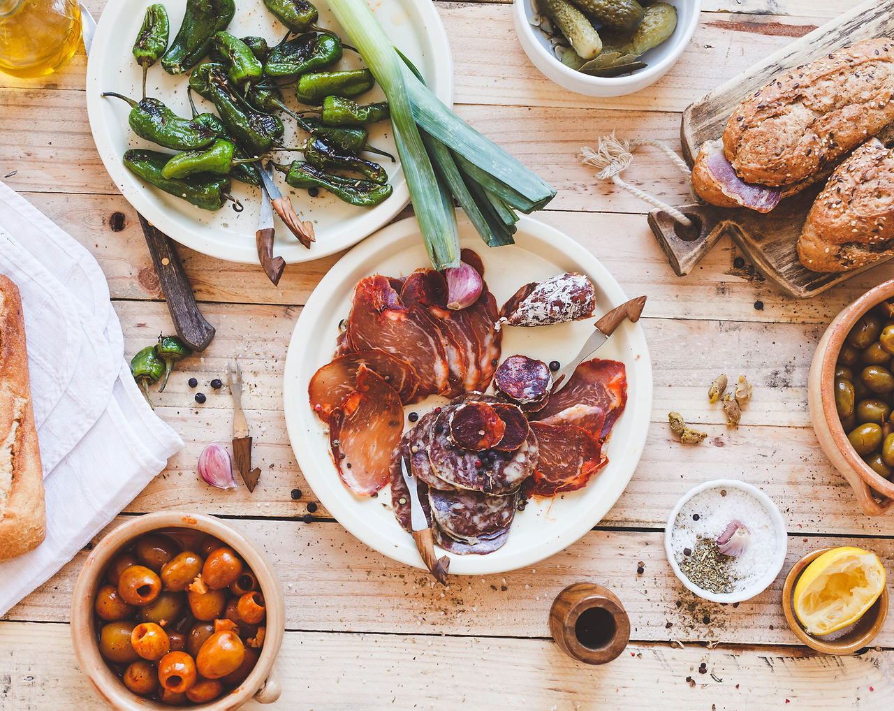 Typical spanish tapas concept. Concept include variety slices smoked cut dry sausages, ham