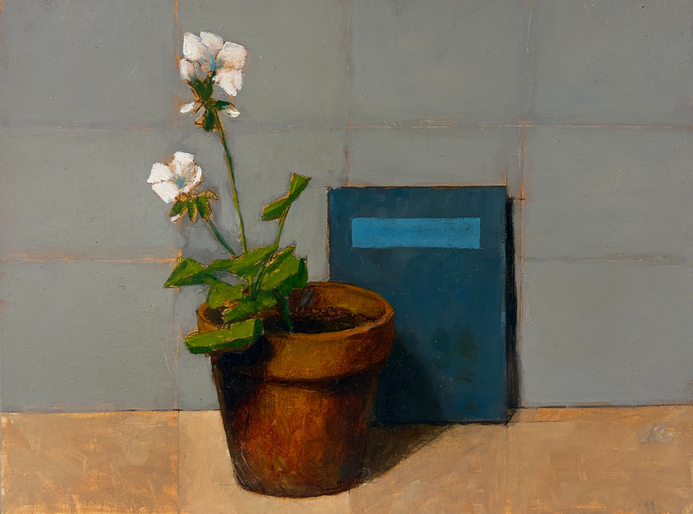 'White geranium with blue book'
