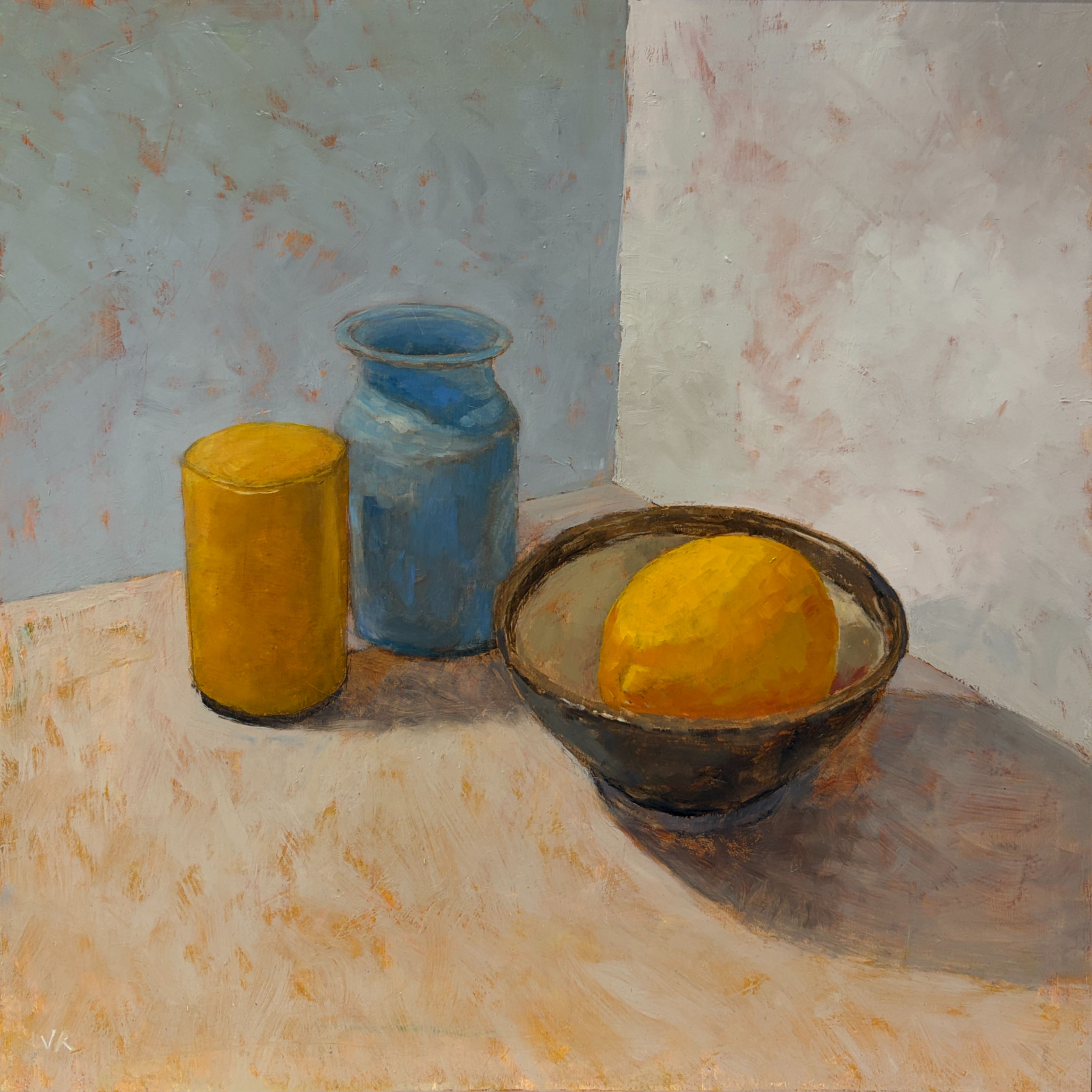 'Lemon in bowl with blue vase'