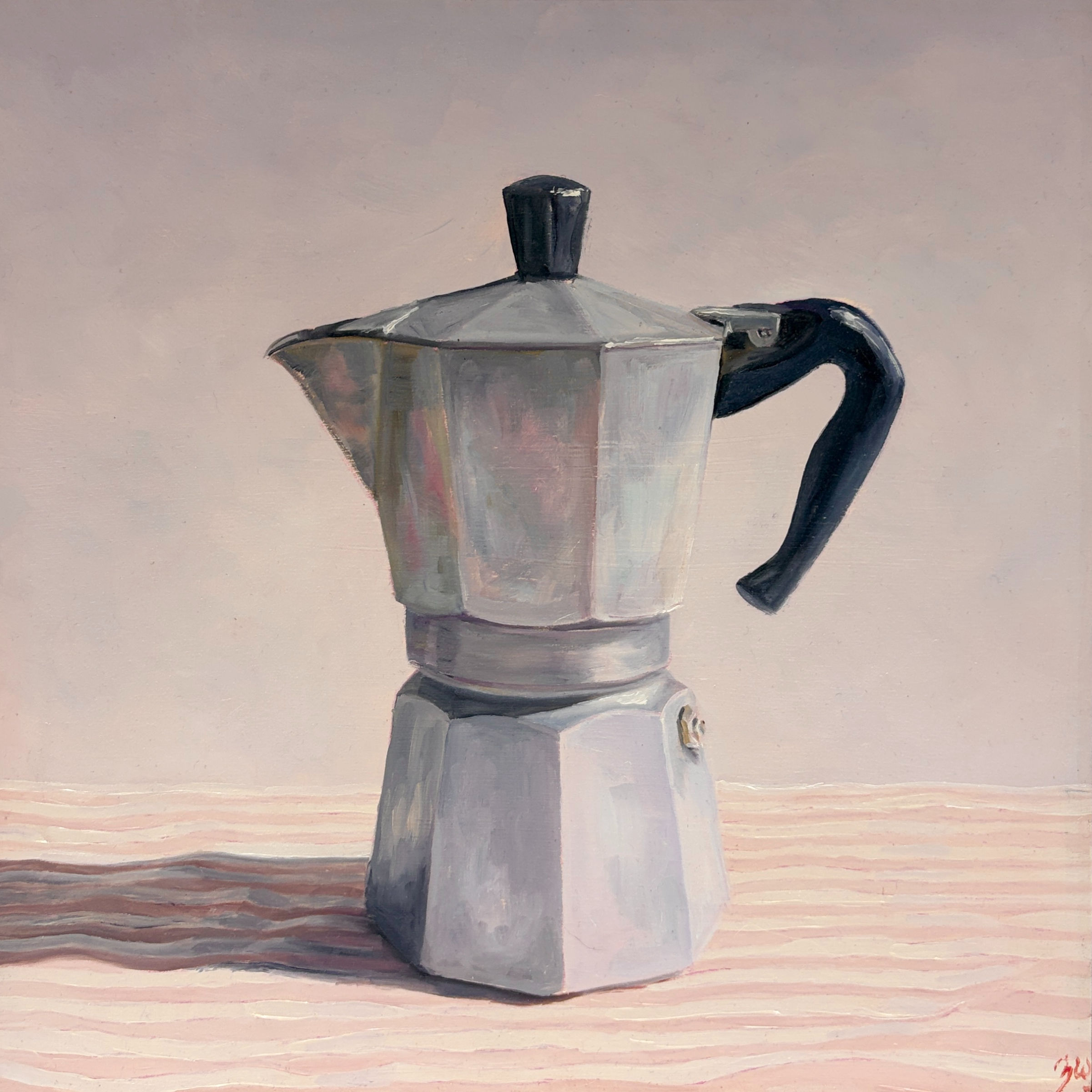 'Stovetop Coffee Maker on Striped Cloth'