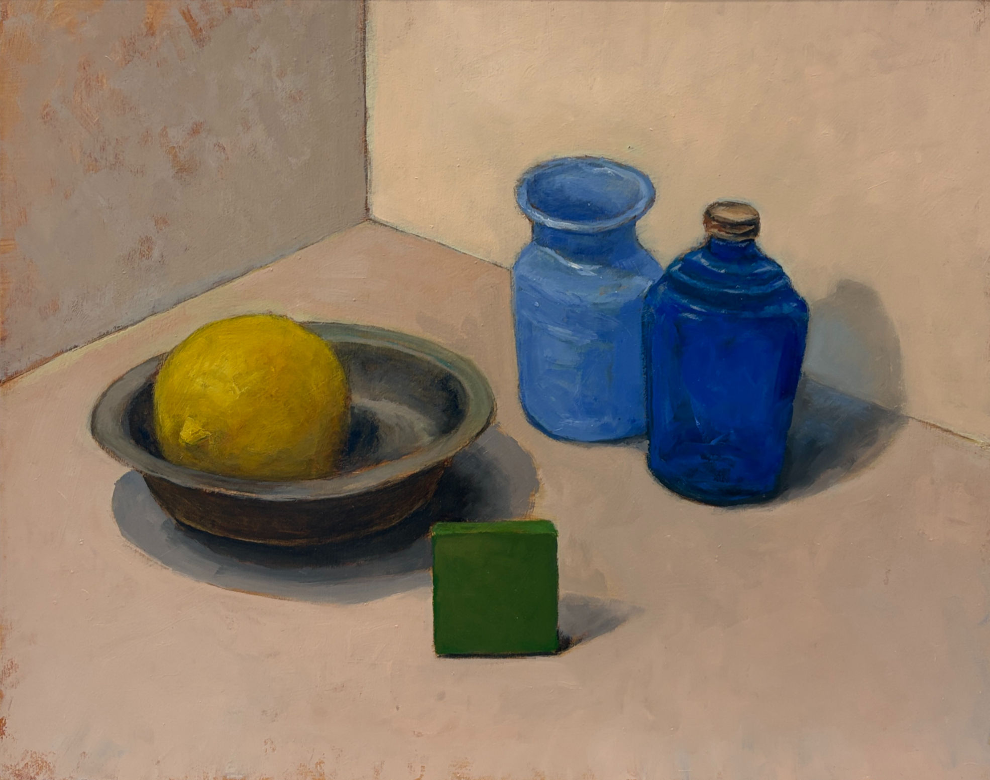 'Green block, lemon and blue flask'
