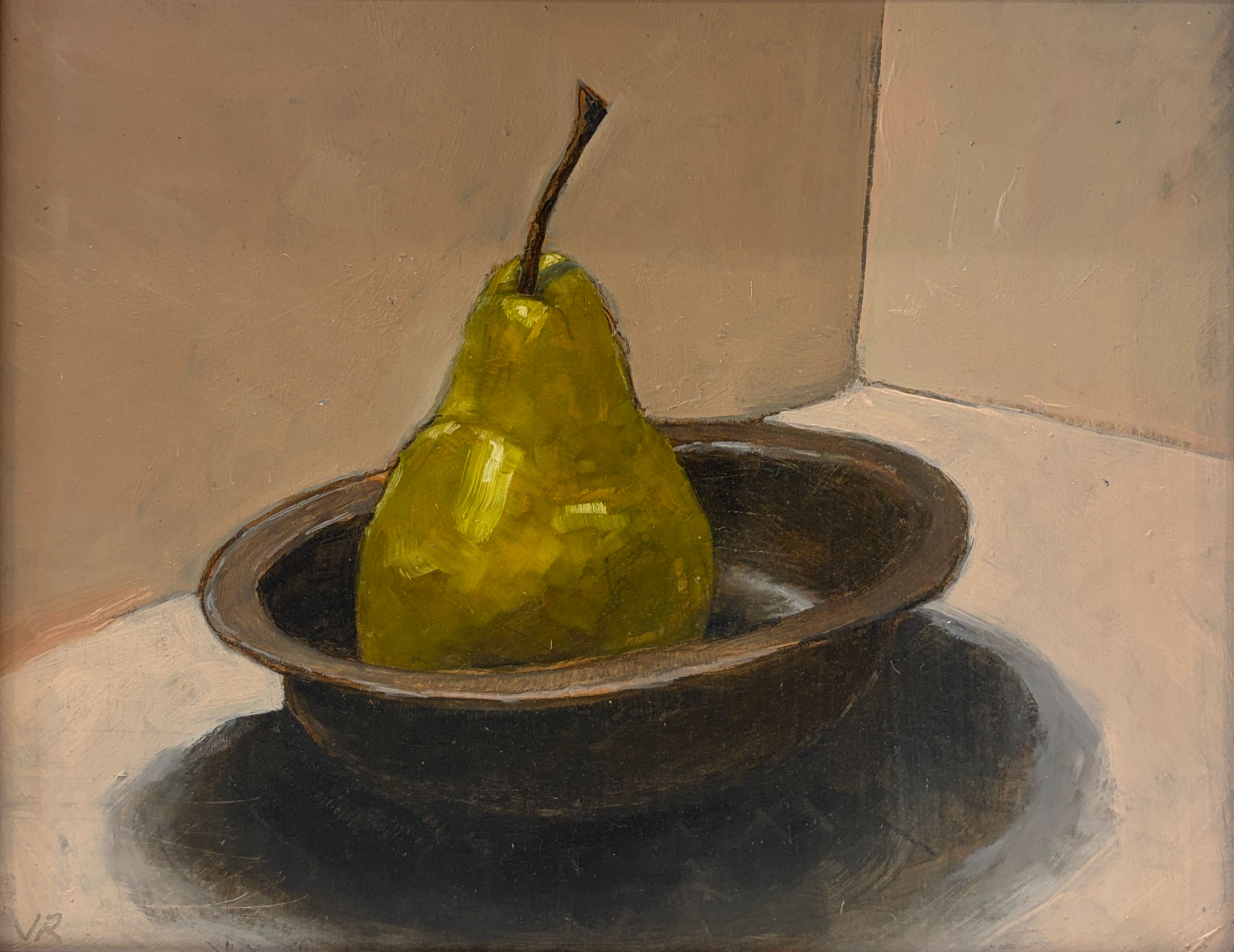 'Pear in the metal dish'