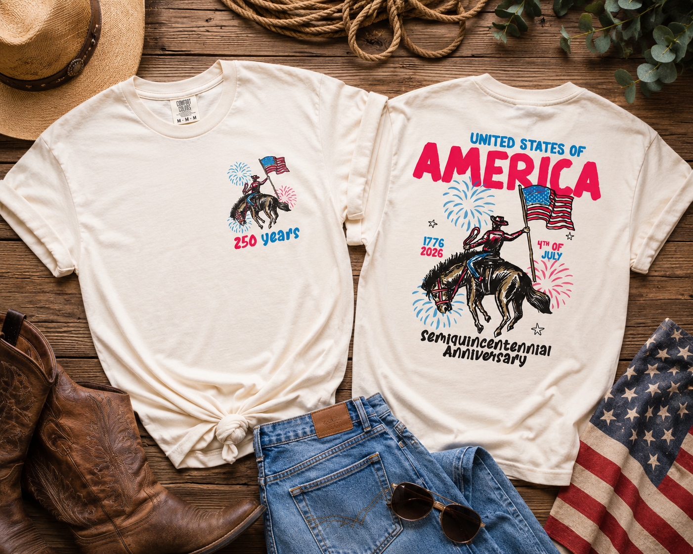 USA 250 Years Patriotic Cowboy Tee