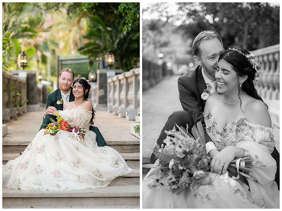 Candid moment of laughter between newlyweds during sunset photos at a beach wedding