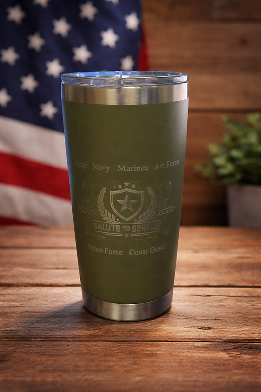 The Salute to Service tumbler honors every branch of the U.S. Armed Forces with a bold, permanently laser-engraved design. Durable, insulated, and crafted with pride — a perfect gift for veterans, active duty, or anyone who supports those who serve.
#Salutetoservice