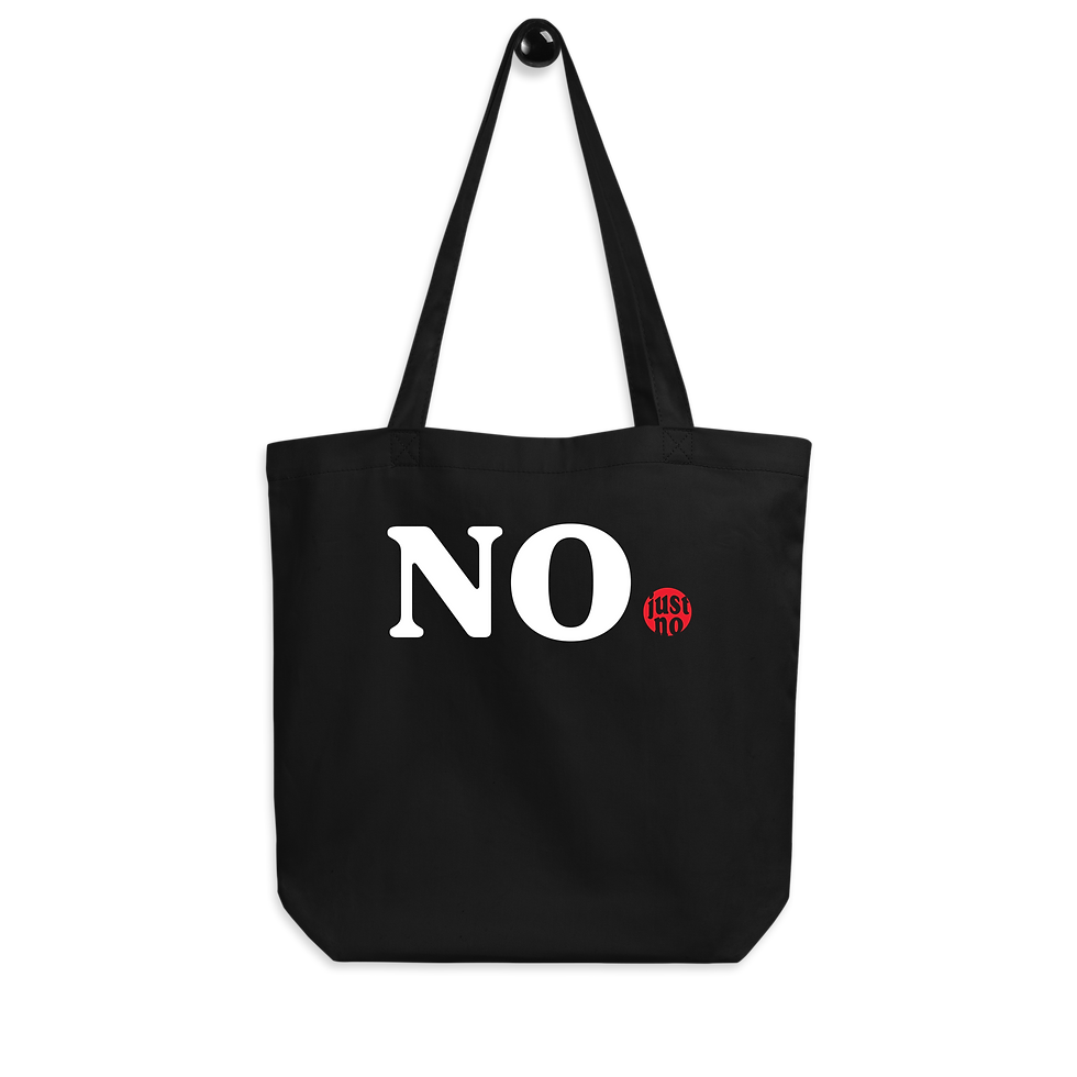 Black tote bag with "NO." in white lettering