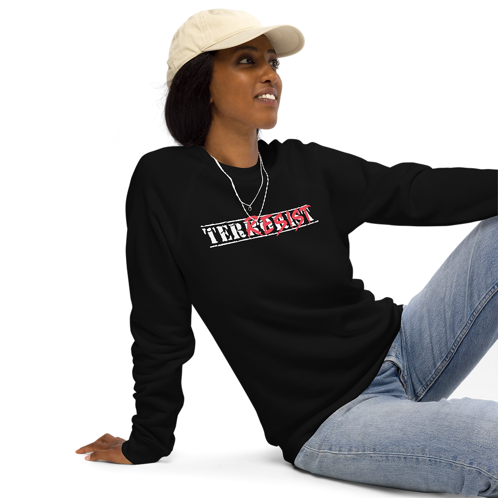 Woman modeling black TER/RESIST unisex organic raglan sweatshirt