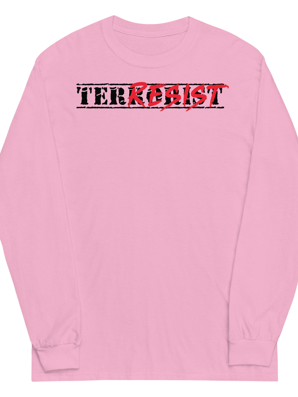 Pink long-sleeve shirt with "TER/RESIST" text