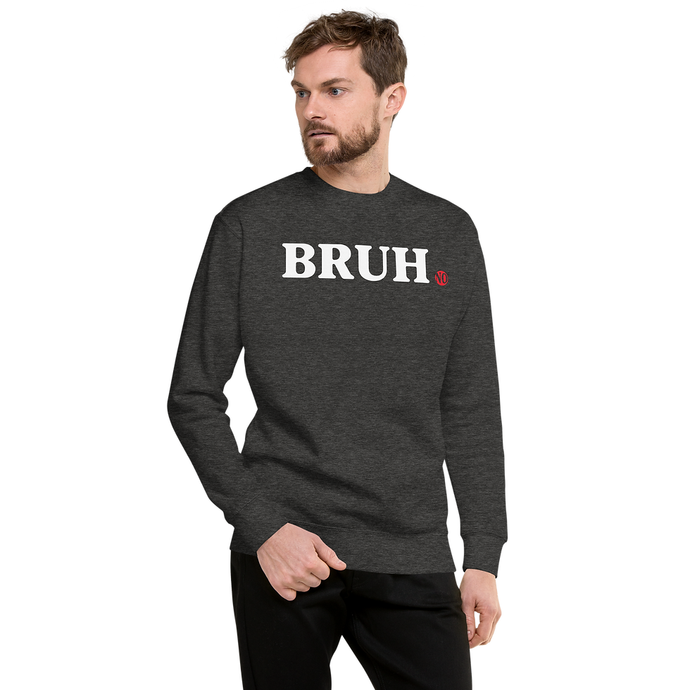 Model wearing dark gray "BRUH" unisex sweatshirt