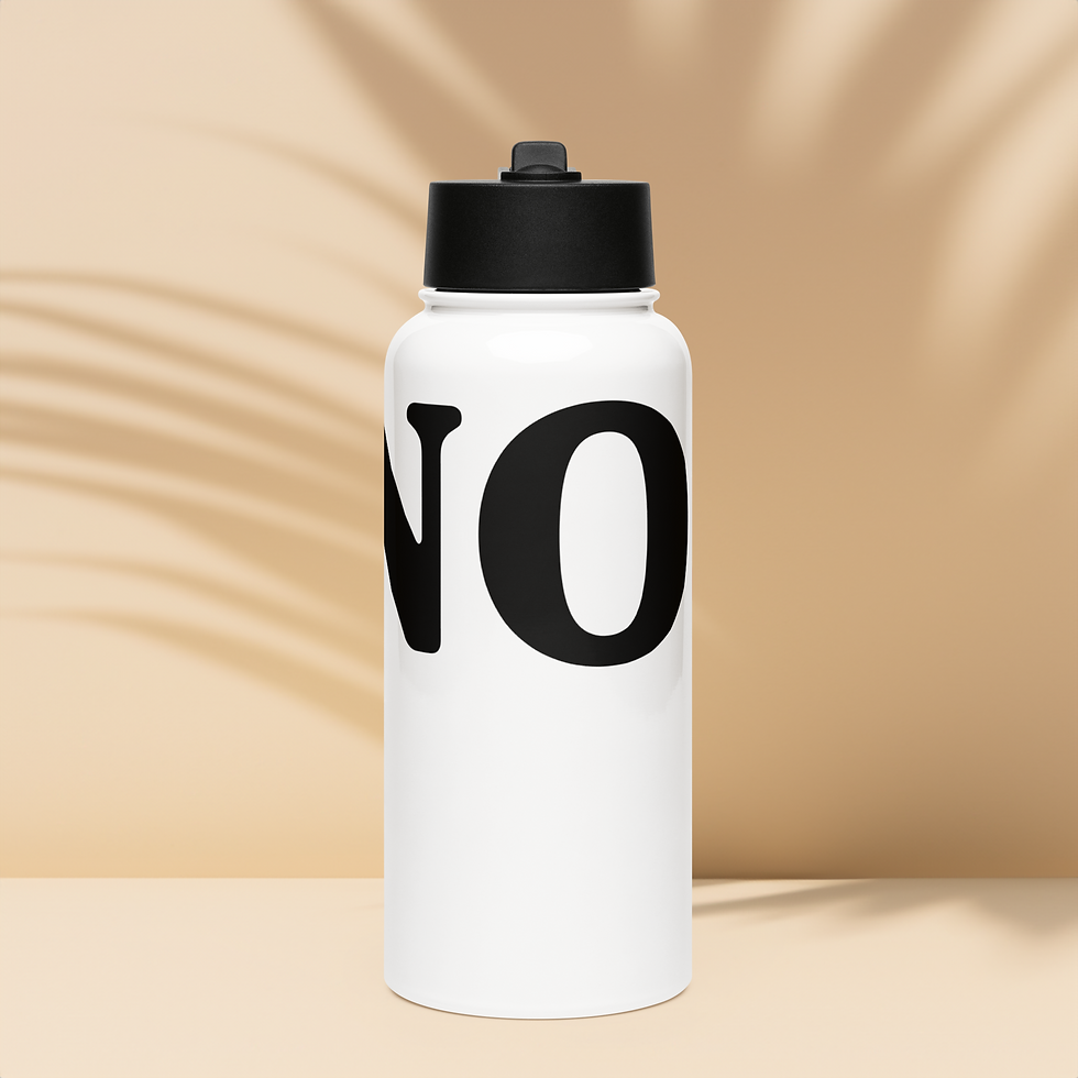 White water bottle with NO in black lettering