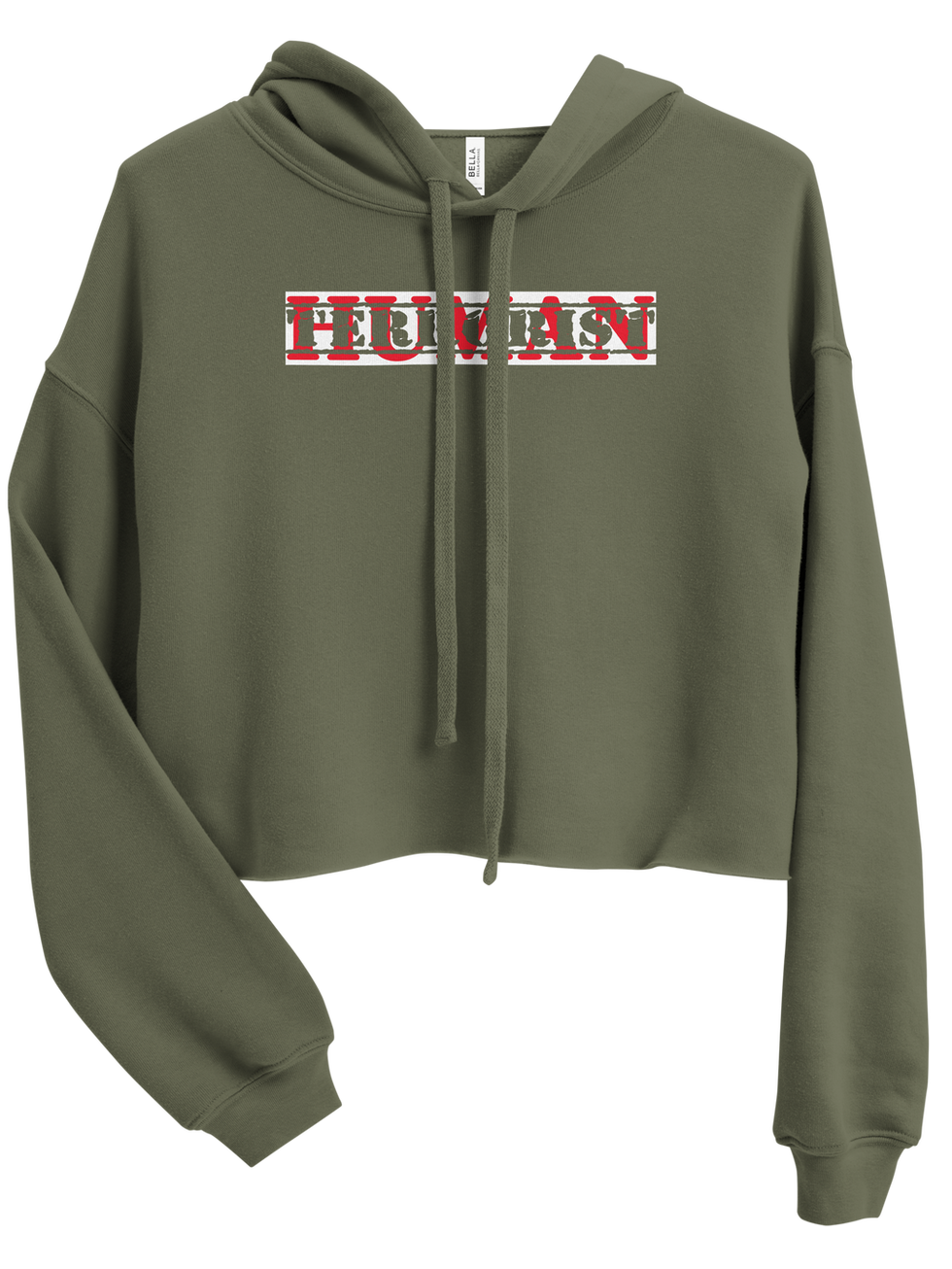 Olive green cropped hoodie with HUMAN text