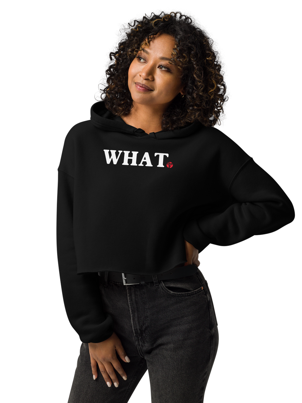 Woman in WHAT. black cropped hoodie