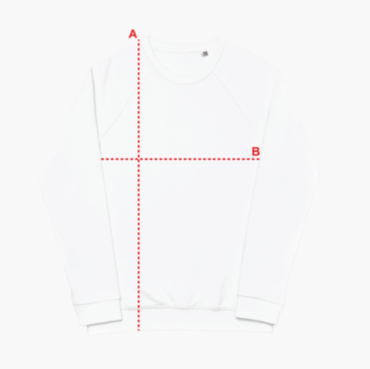 White sweatshirt on a plain background with red dotted lines forming a T-shape, labeled A and B, indicating measurement points.