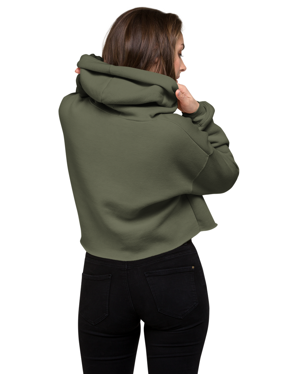 Woman in olive green cropped hoodie, back view