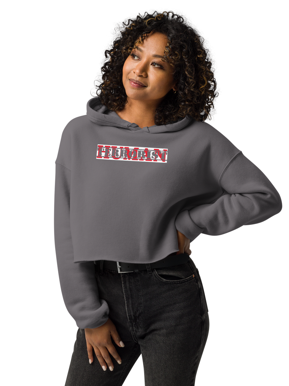 Woman in gray cropped hoodie with HUMAN text