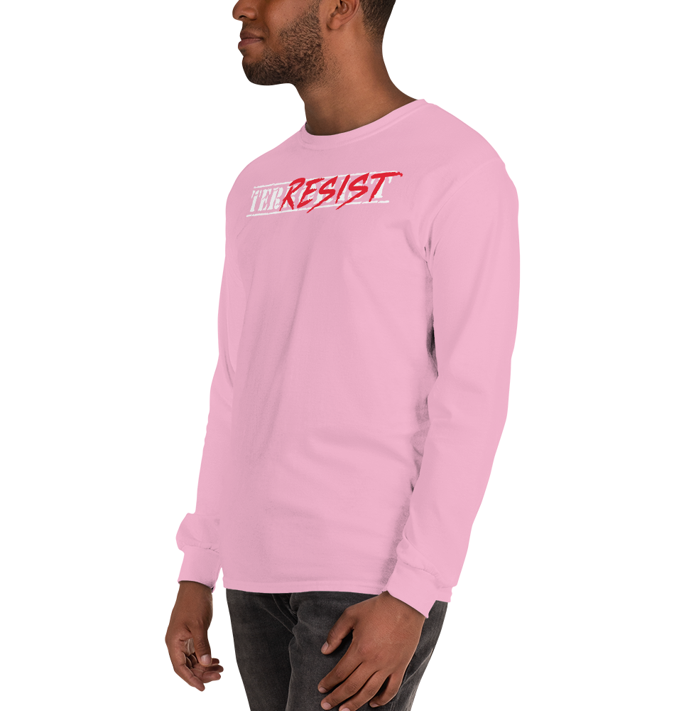 Model wearing pink TER/RESIST men's long-sleeve shirt