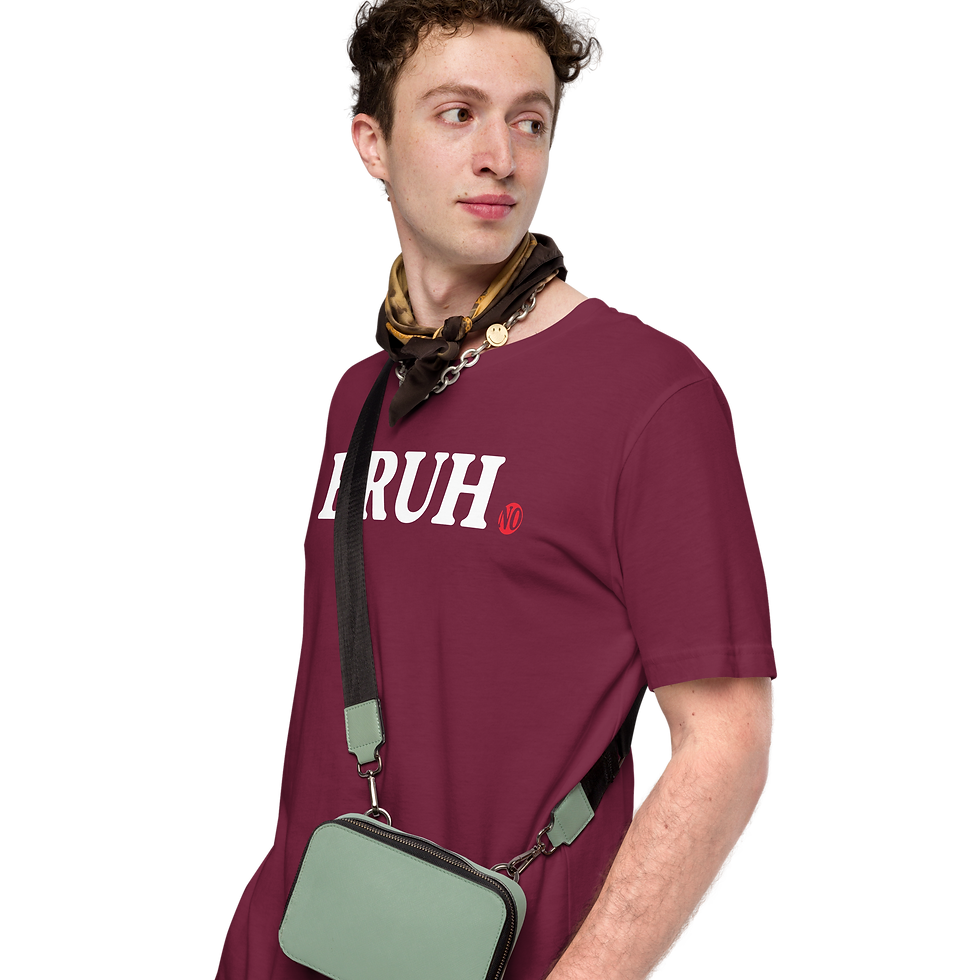 Man in maroon "BRUH" shirt