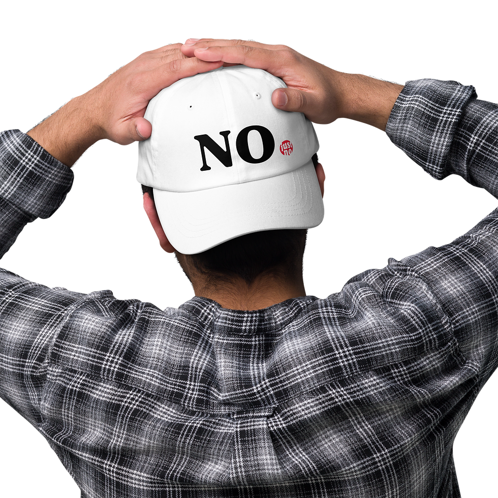 Man wearing white "NO" cap