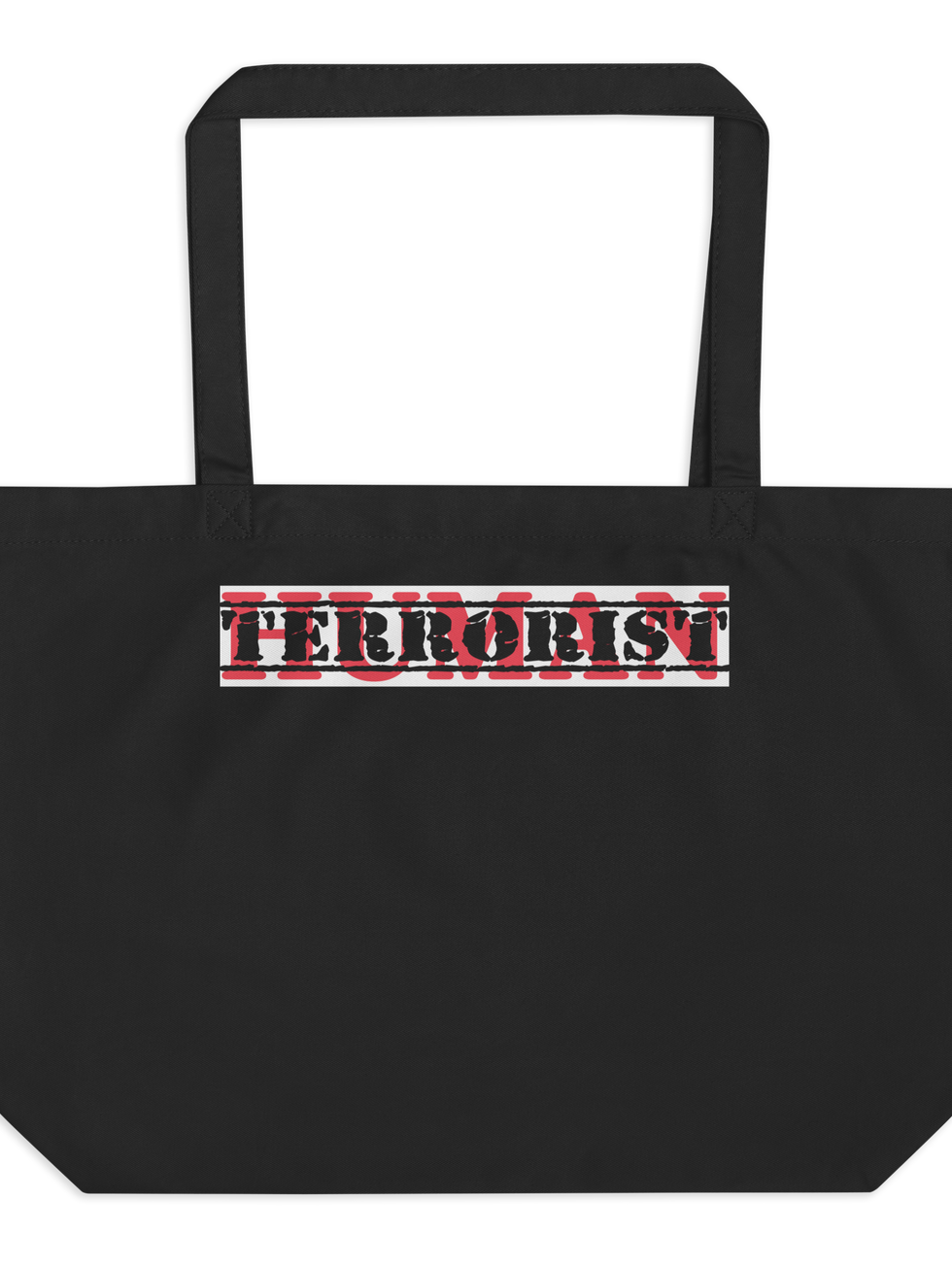 Black tote bag with red "HUMAN" stamp