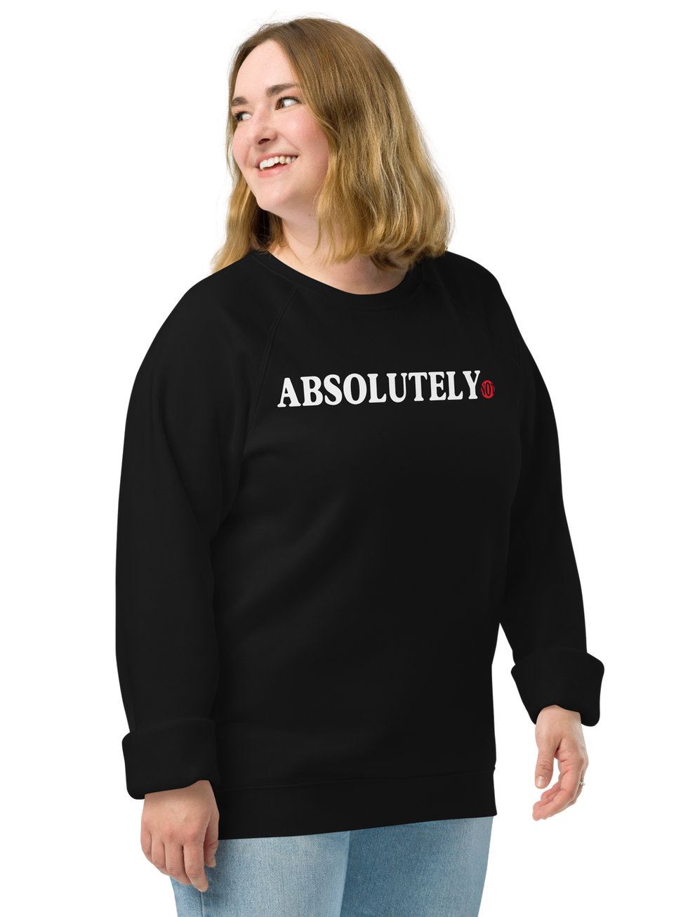 Model wearing Absolutely Not black raglan sweatshirt