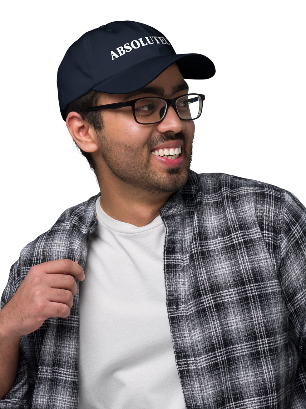 Smiling man wearing ABSOLUTELY hat