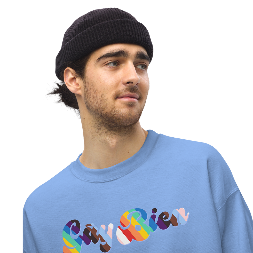 Model wearing Carolina blue Gāy Bien unisex sweatshirt