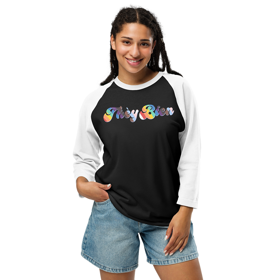 Woman in black and white raglan shirt with "They Bien" text