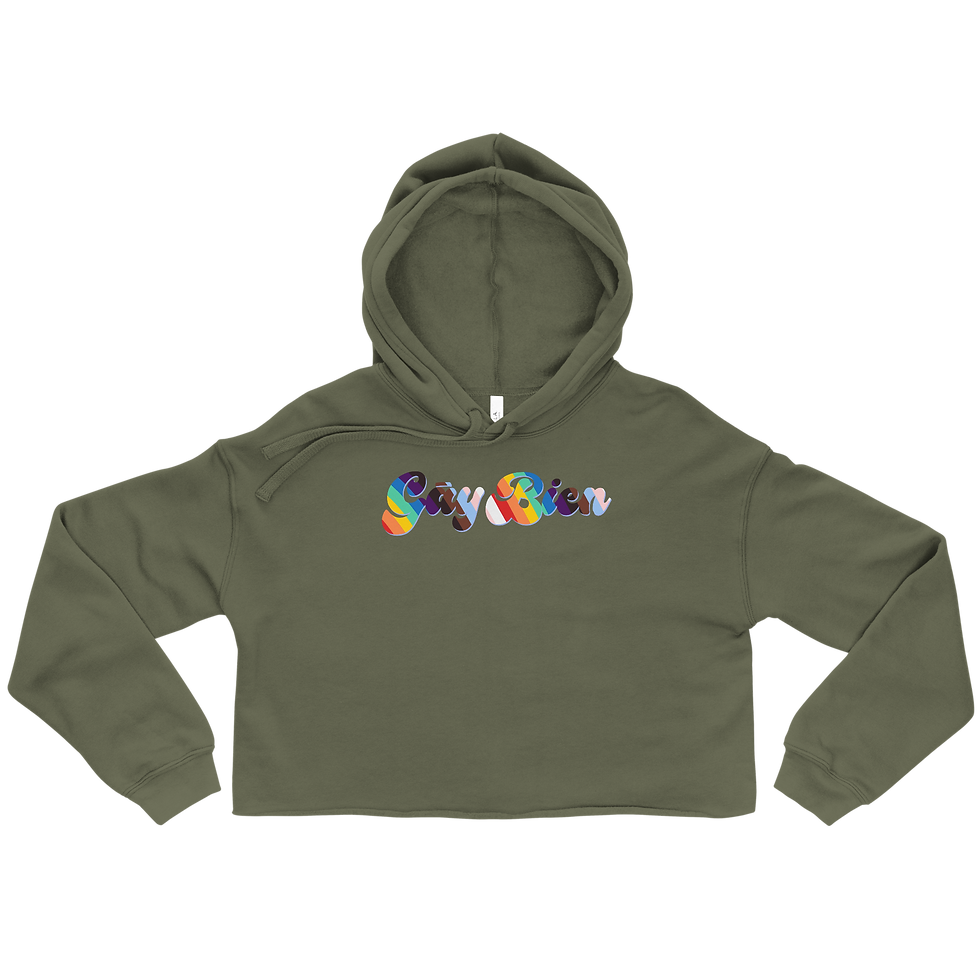 Gāy Bien - Crop Hoodie: Olive green cropped hoodie with rainbow logo