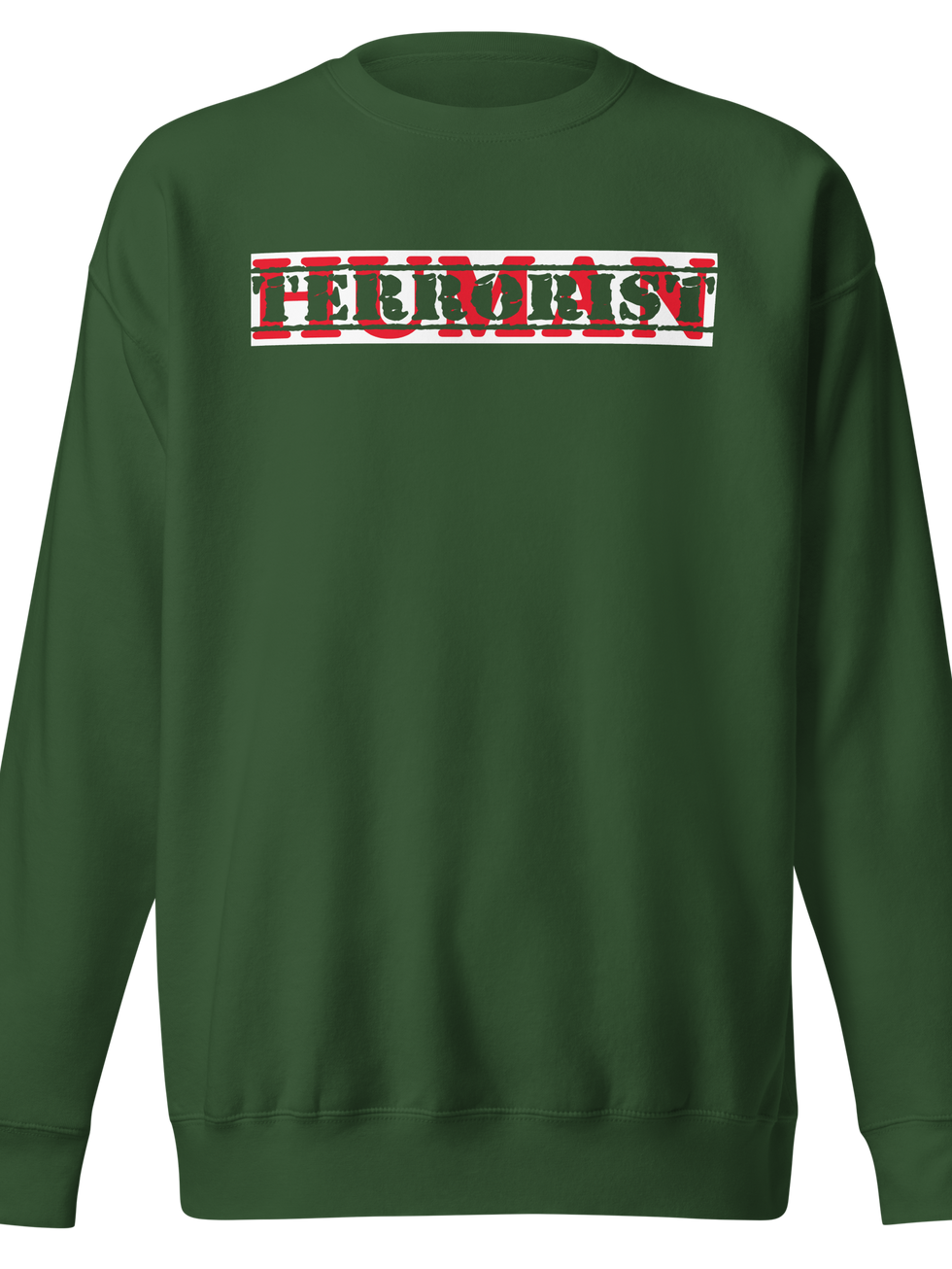 Green sweatshirt with "HUMAN" text