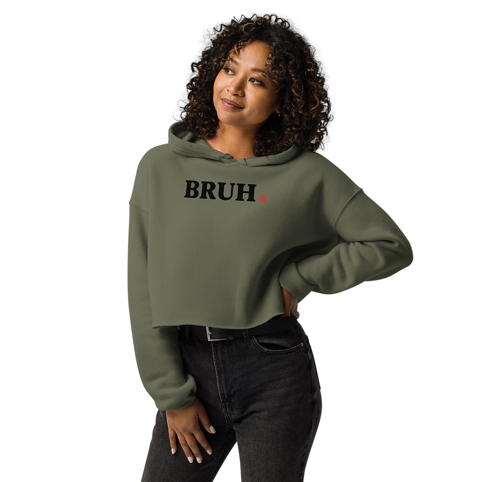 Woman in olive green BRUH cropped hoodie