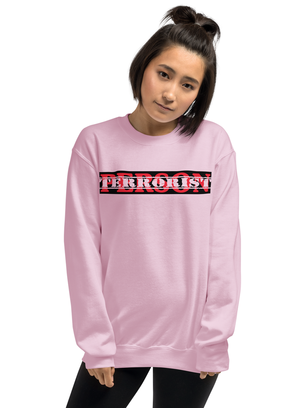 Woman in pink "PERSON" sweatshirt