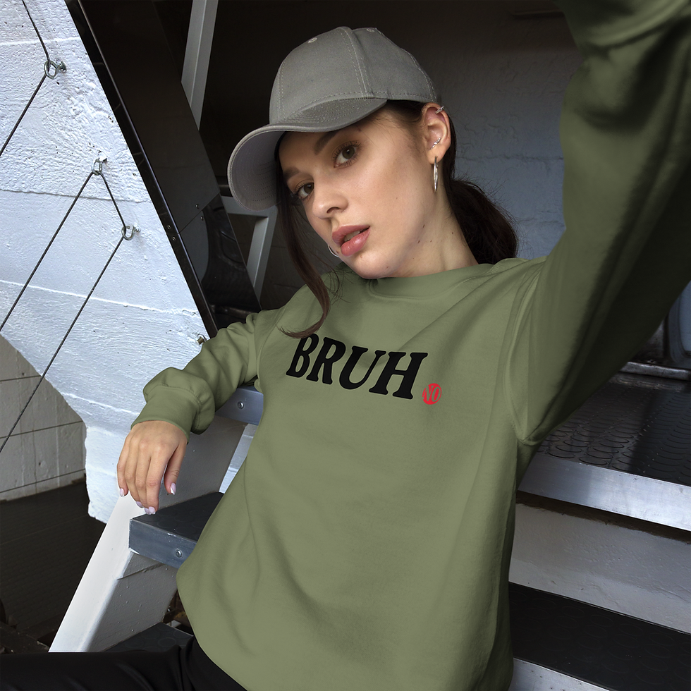 Model in olive green BRUH sweatshirt
