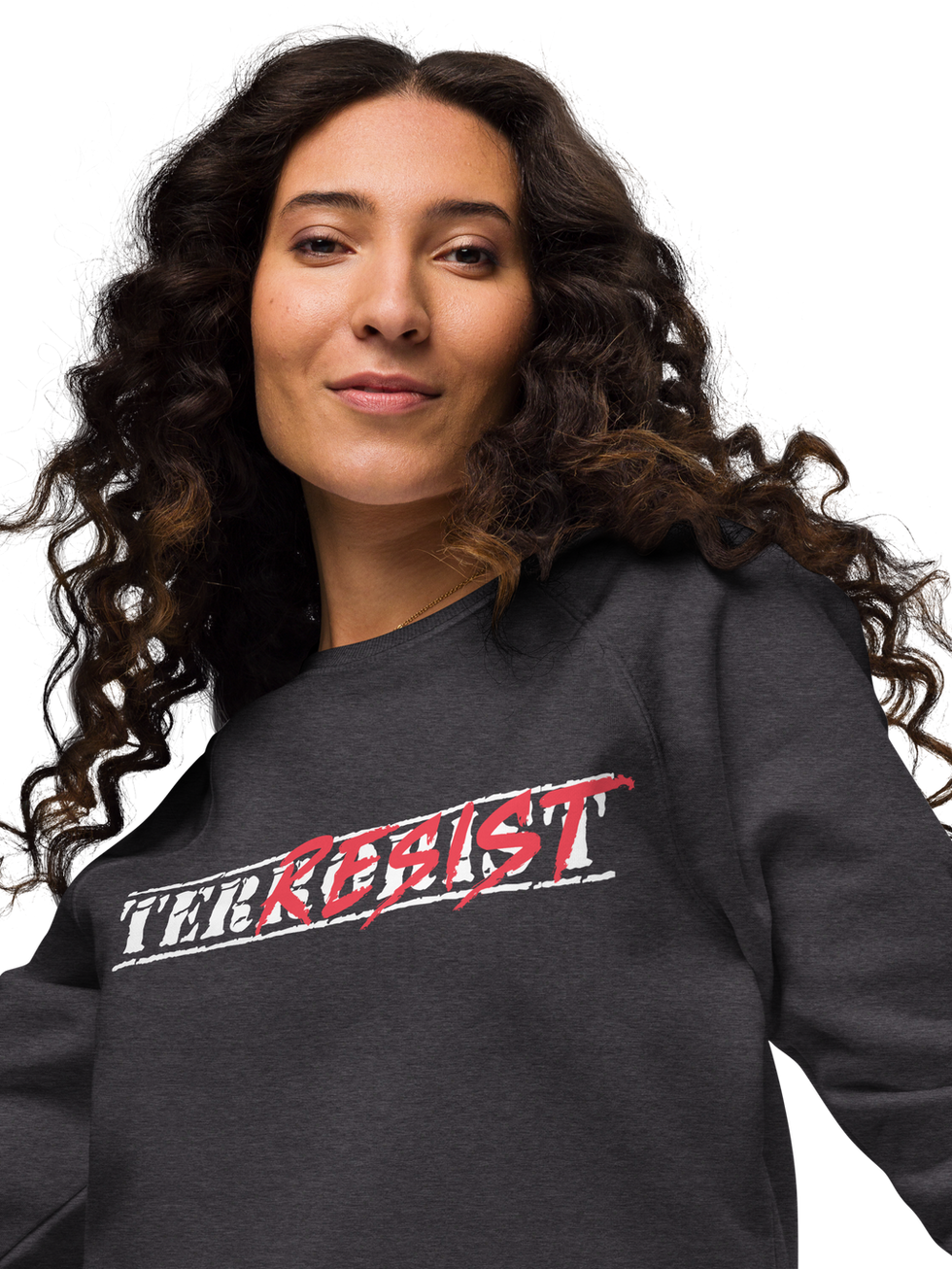 Woman in dark gray TER/RESIST sweatshirt