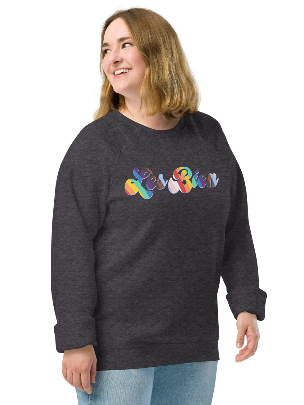 Woman in Lès Bien charcoal grey sweatshirt