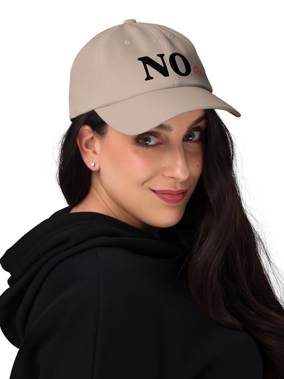 Woman wearing a beige 'NO' cap
