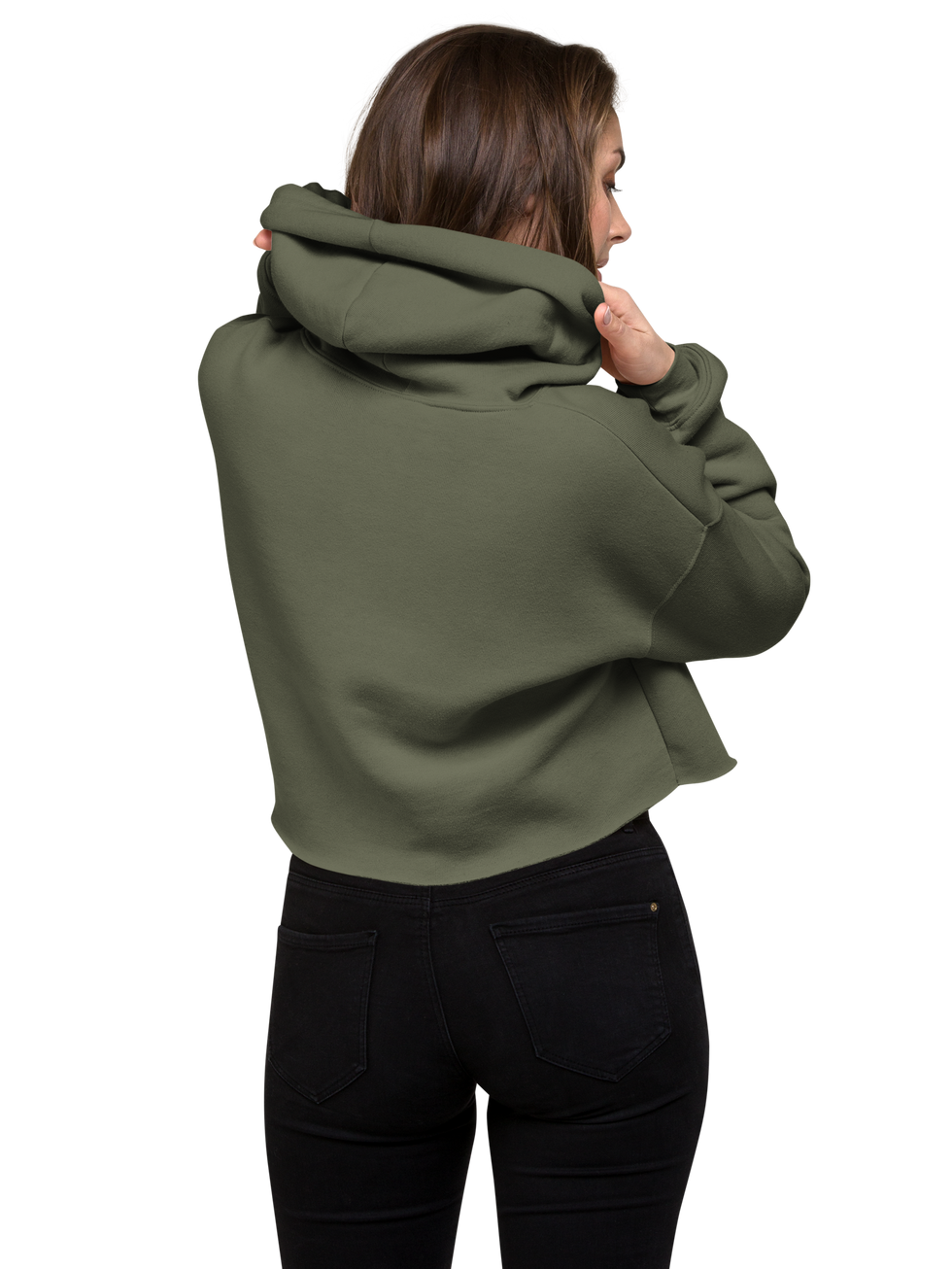 Woman in olive green crop hoodie