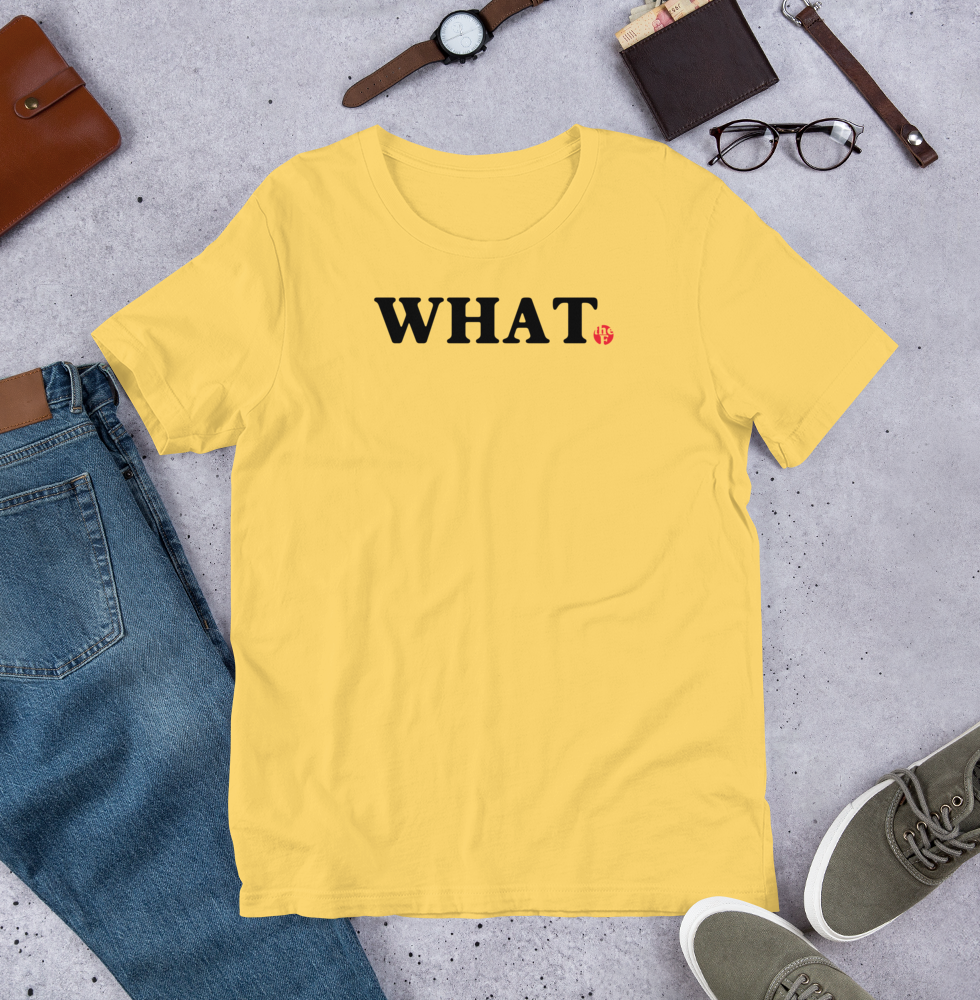 Yellow 'WHAT' T-shirt, men's fashion