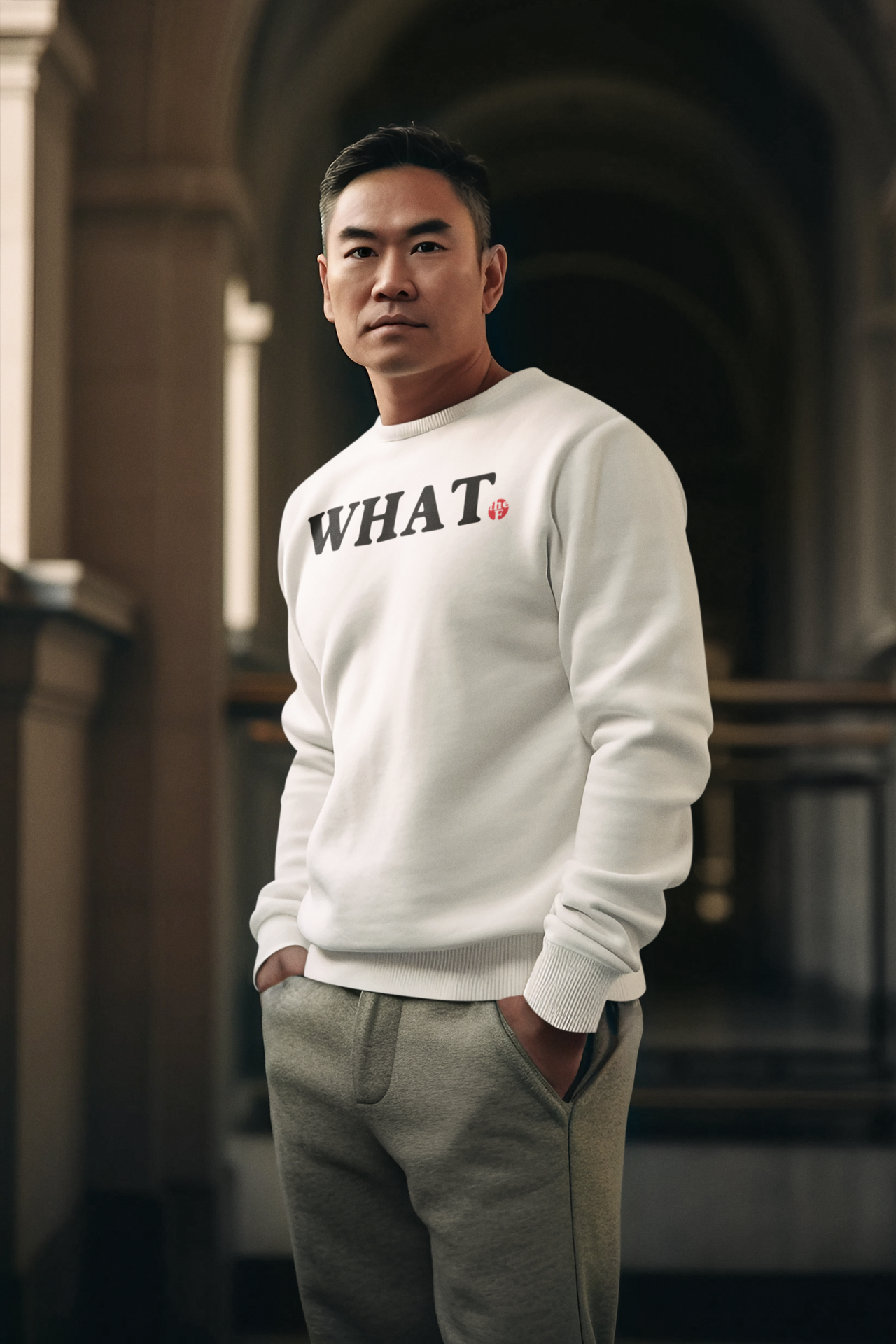 Man in WHAT unisex sweatshirt