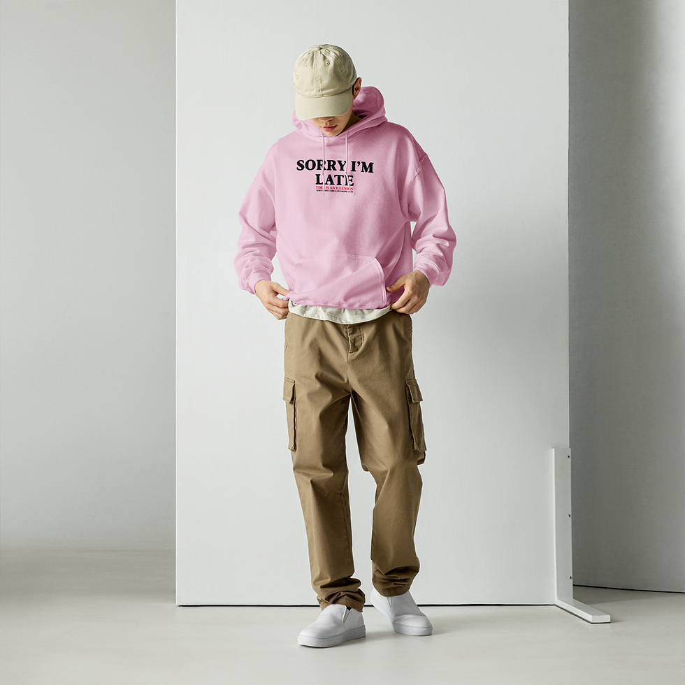 Man in pink "Sorry I'm Late" hoodie