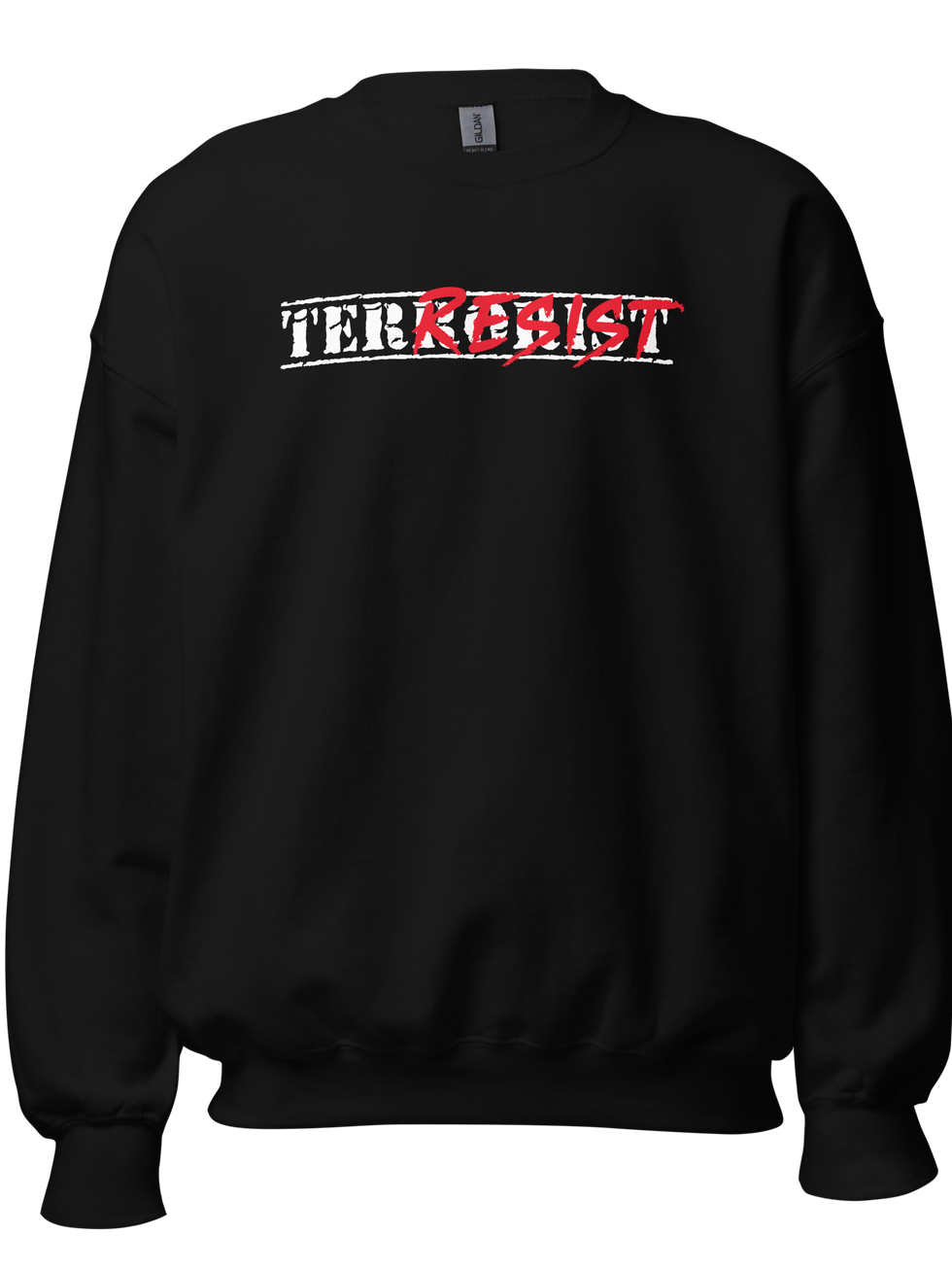 Black sweatshirt with "TER/RESIST" text