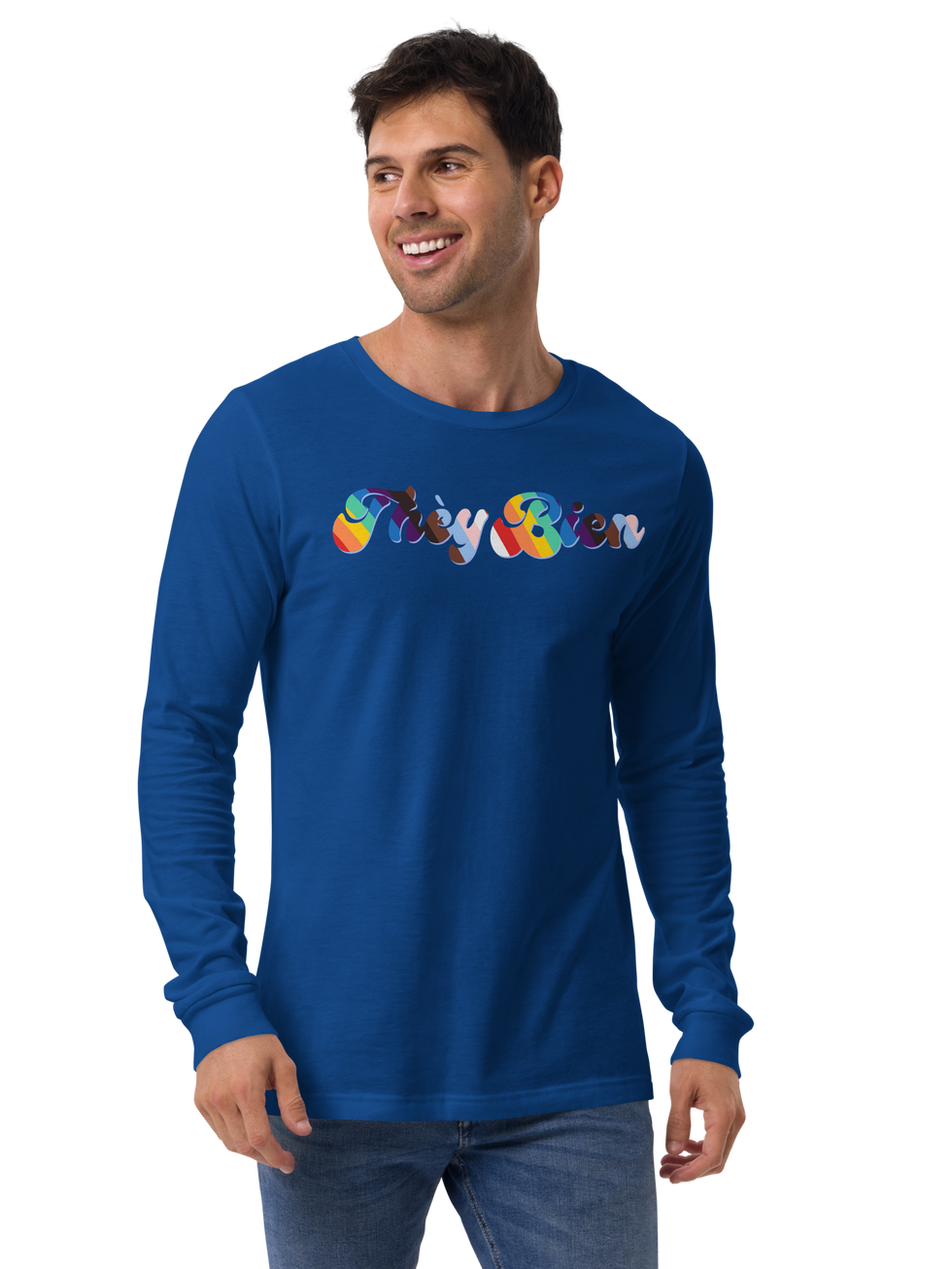 Model wearing blue They Bien long-sleeve shirt