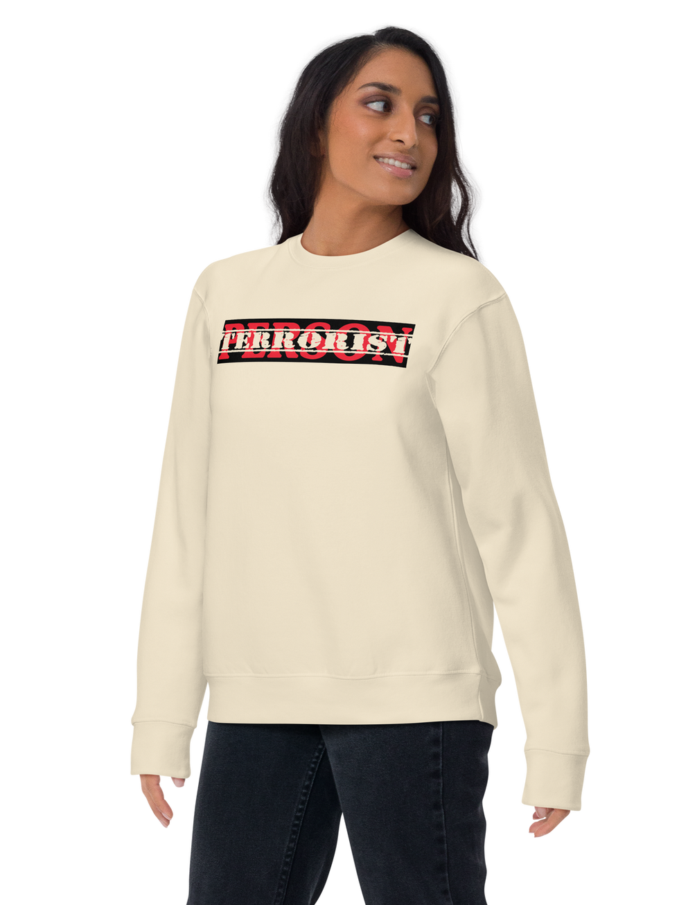 Woman modeling "PERSON" Unisex Premium Sweatshirt