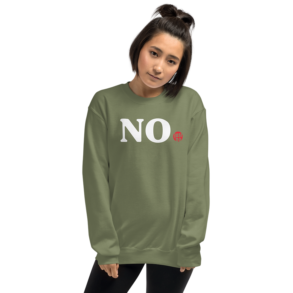 Woman in olive green sweatshirt with "NO." on it